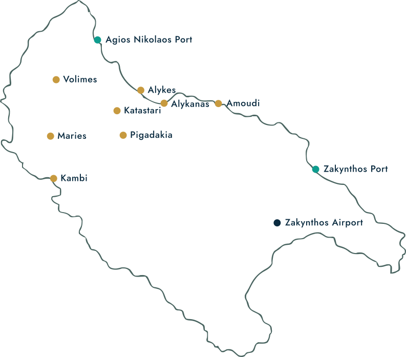 Map of Zakynthos showing Queen Rentals service areas: ports, airport, and northern villages
